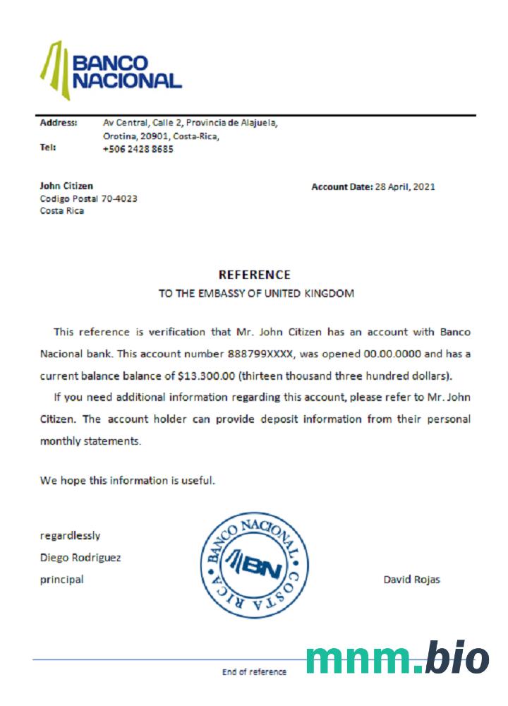 Przykład odniesienia do Kostaryki Banco Nacional w formatach Word i PDF